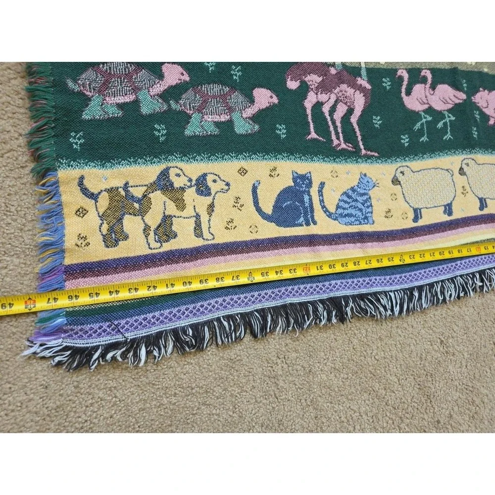 Vtg Noah's Ark Friends Tapestry Woven Throw Blanket American Weavers Fringed 50